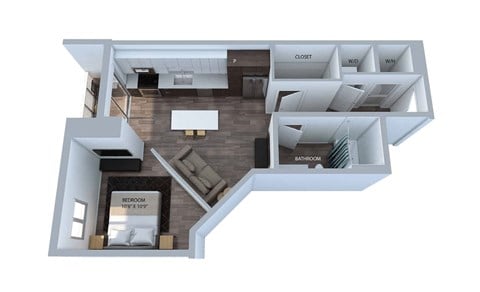Floor plan for studio, 1 bath, 600 sqft